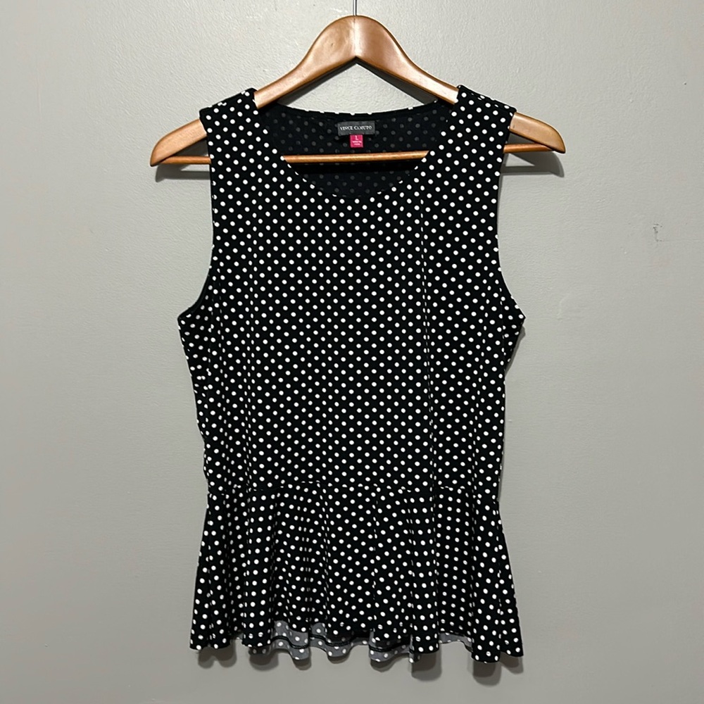 Vince Camuto Sleeveless Black/White Polka Dot Peplum Top
